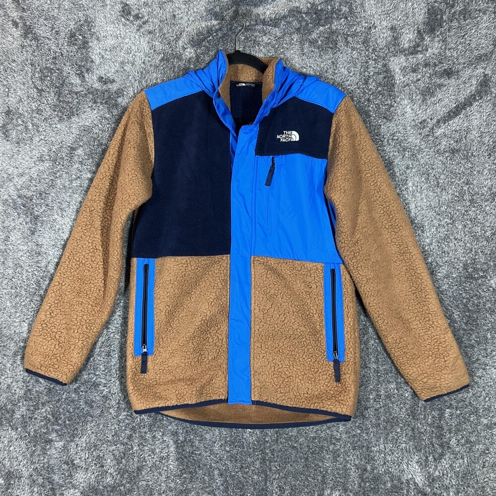 North Face Jacket Boys 18-20 Brown Blue Sherpa Fleece Hooded Snap Winter